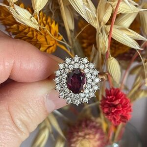 AAA Ember Garnet and Moissanite Triple Halo Ring
